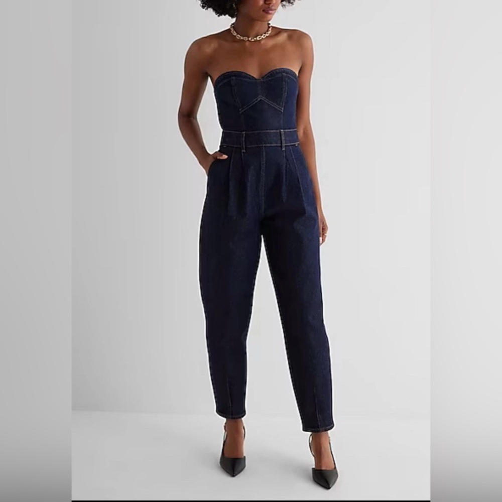 Express Denim Sweetheart Neckline Tapered Leg Jumpsuit
